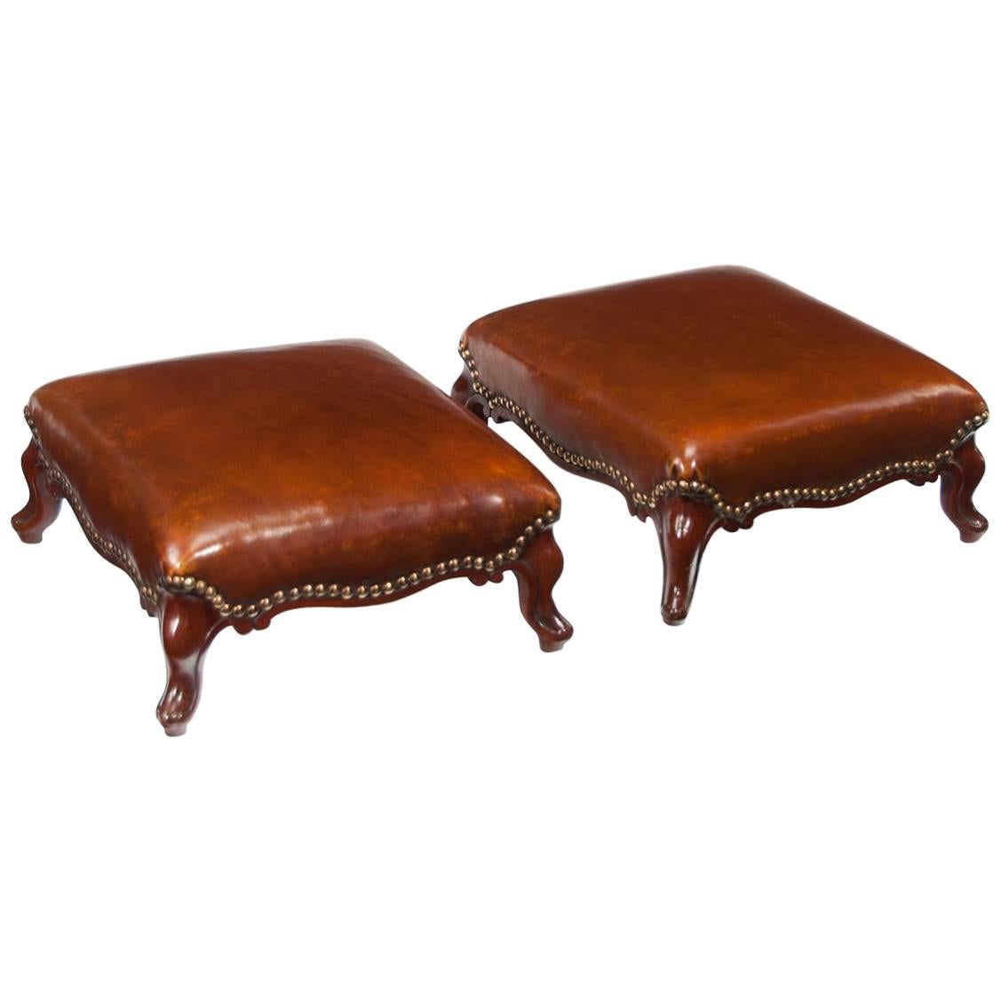 Good Pair of Leather Upholstered Victorian Mahogany Footstools