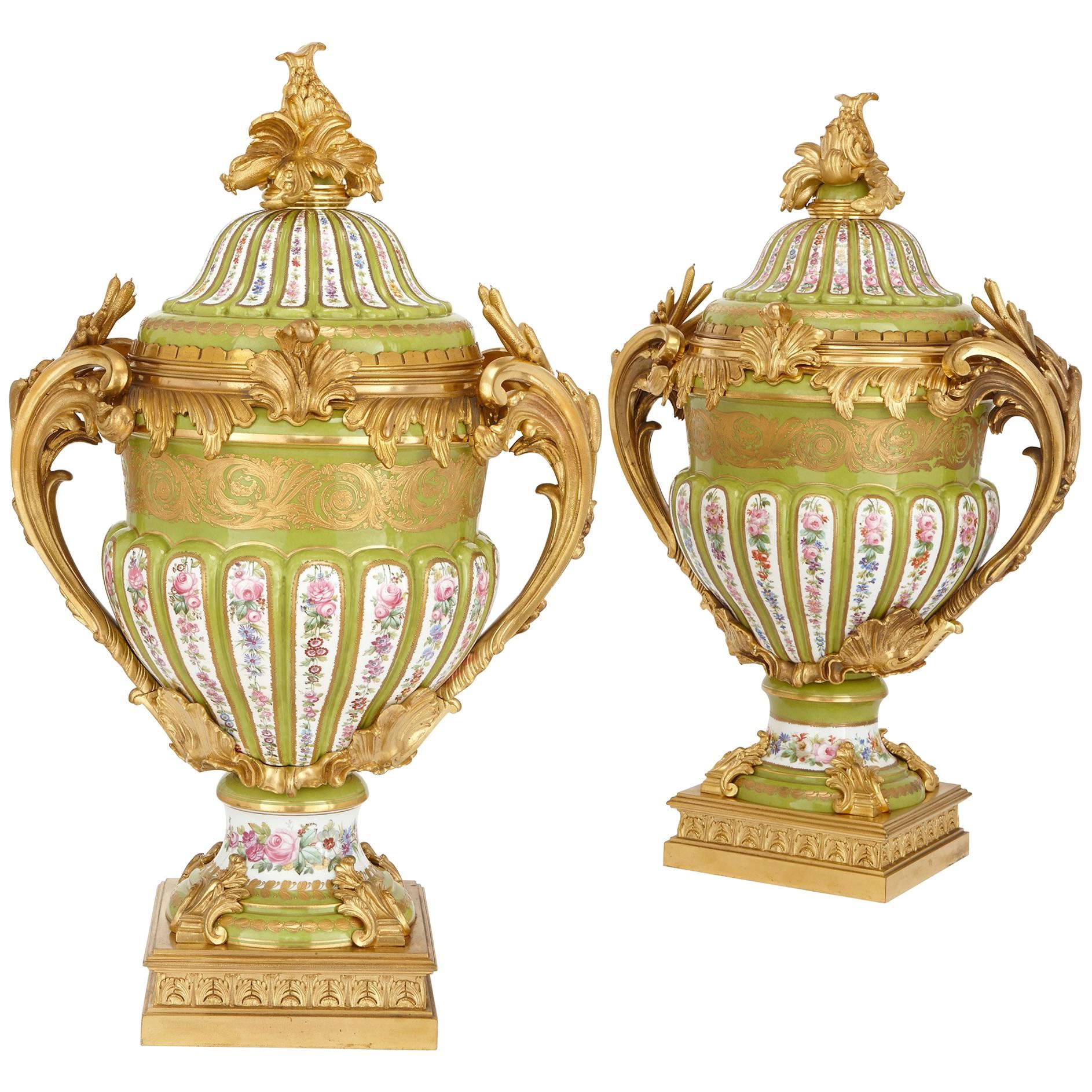 Pair of Sèvres Style Porcelain Antique French Vases with Gilt Bronze Mounts