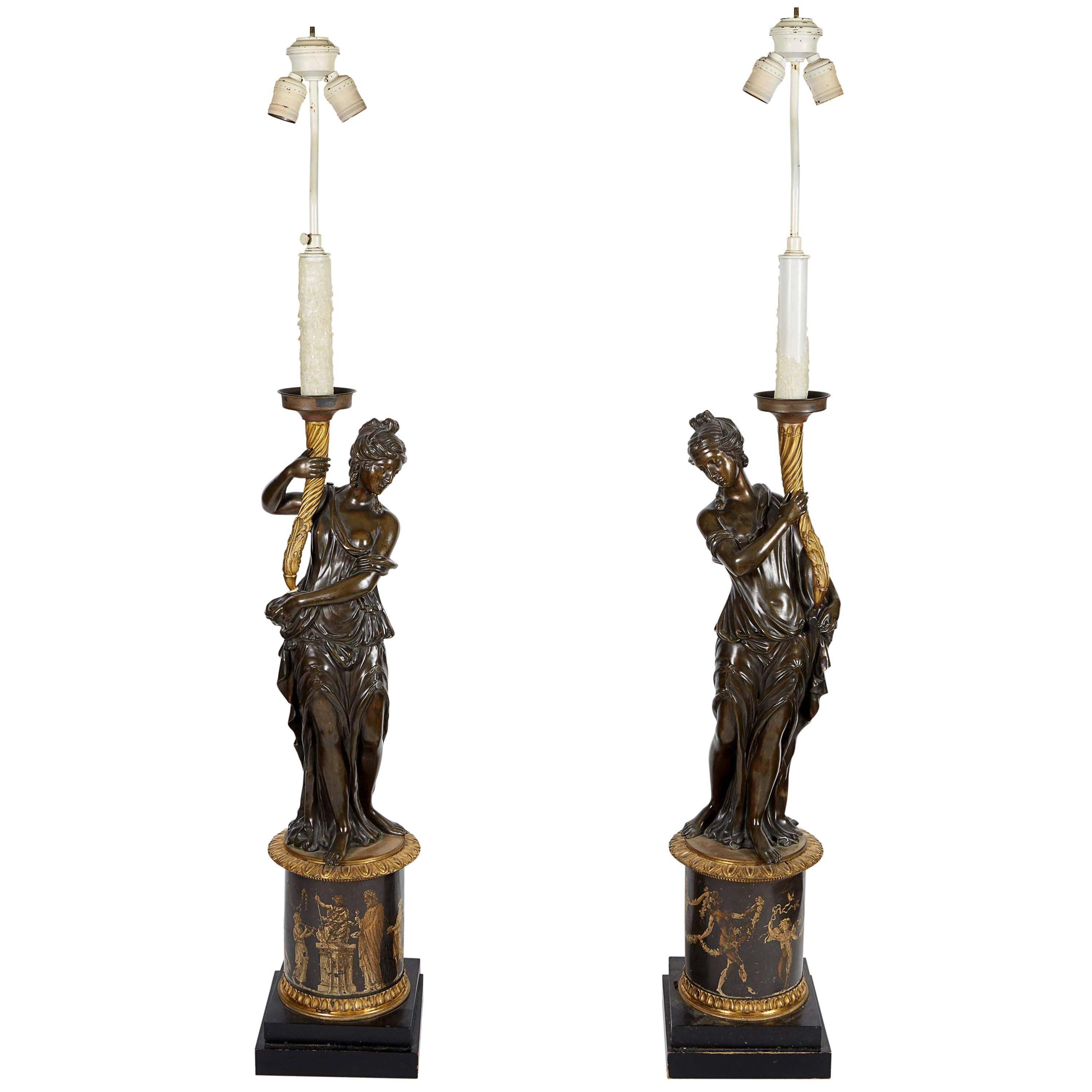 Large Pair of French Gilt and Patinated Bronze Figural Candelabra Lamps