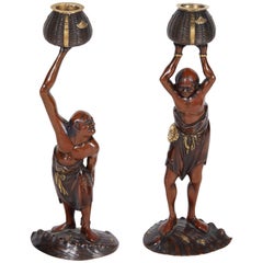 Exquisite Pair Japanese Meiji Mixed Metal Bronze Oni Figures of Ashinaga Tenagu