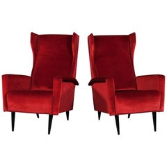 Pair of Vintage Italian Red Velvet Wing Chairs 4
