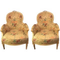 Vintage Pair of Louis XVI Style Cream Painted Bergères with Custom Floral Upholstery