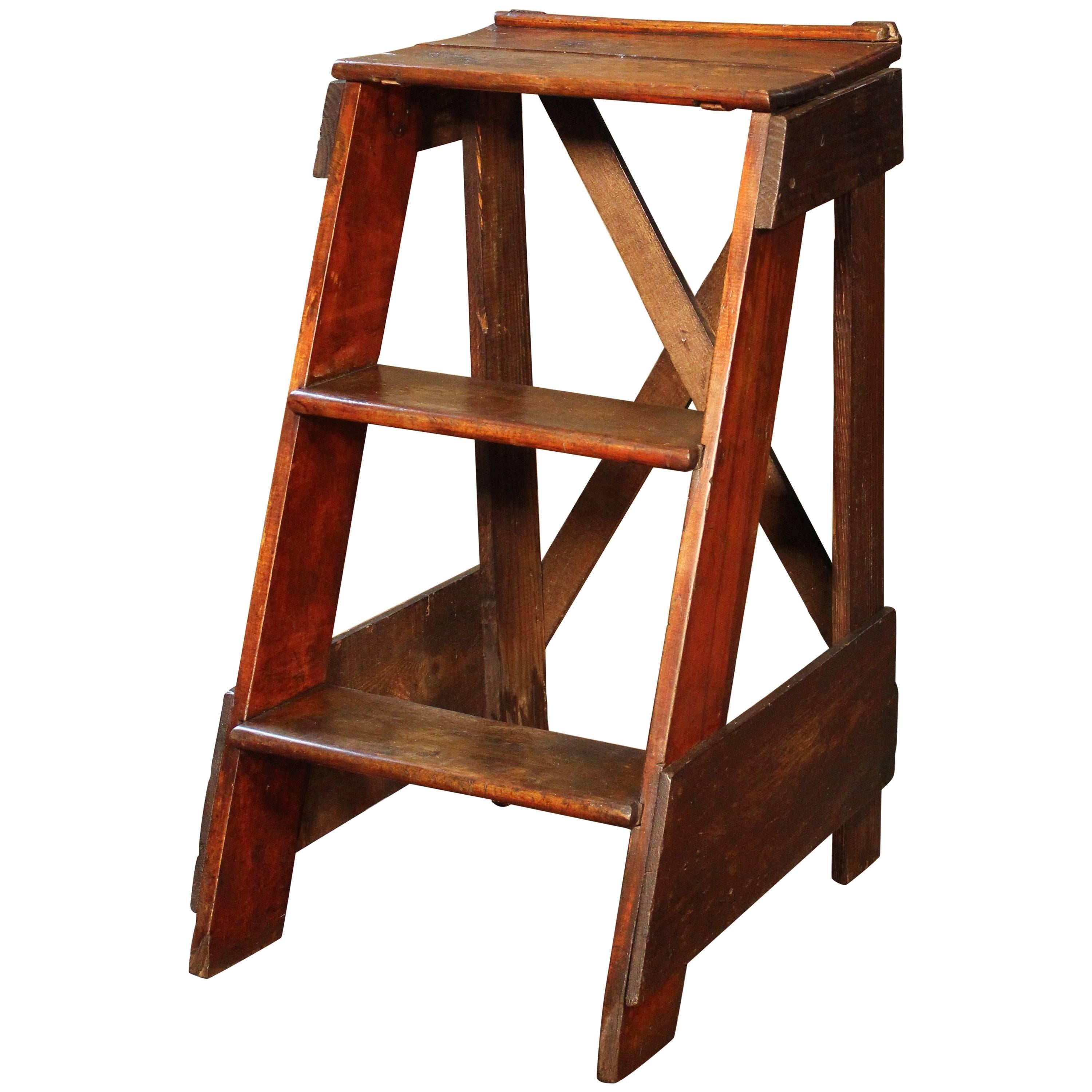 Wooden Step Ladder Vintage Antique Moveable Wood Factory Shop Ladder Stairs