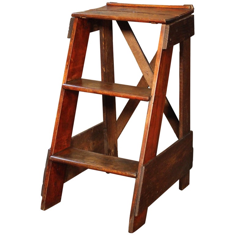 Wooden Step Ladder Vintage Antique Moveable Wood Factory
