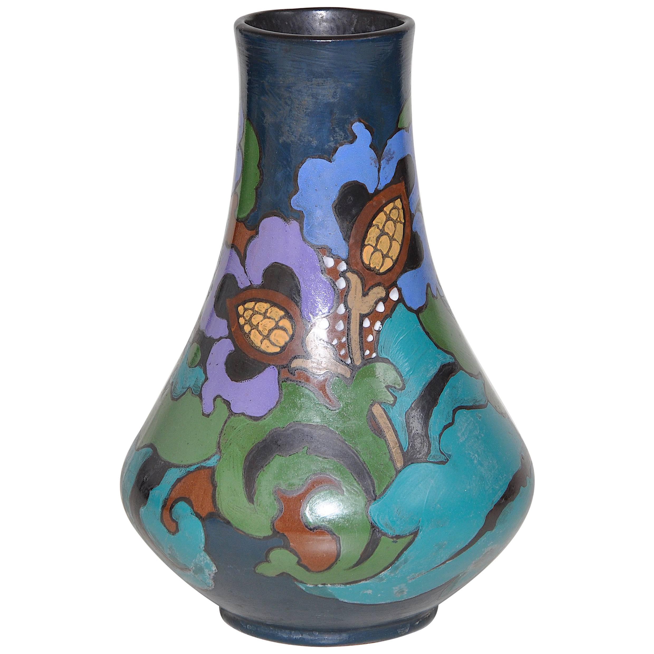 Hand-Painted Dutch Style Art Nouveau Vase Pot in Blue and Turquoise For Sale