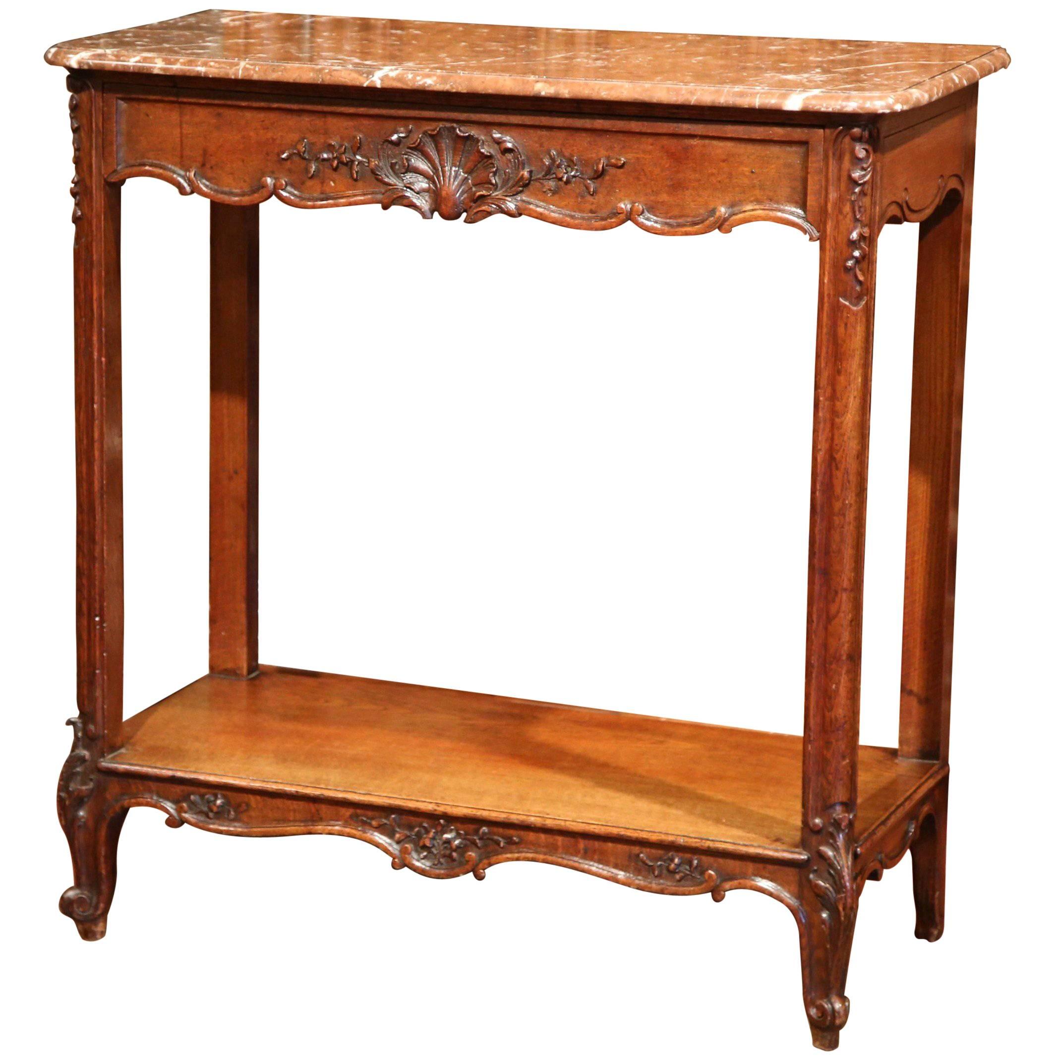 19th Century French Carved Oak Two-Tier Console Table with Marble Top