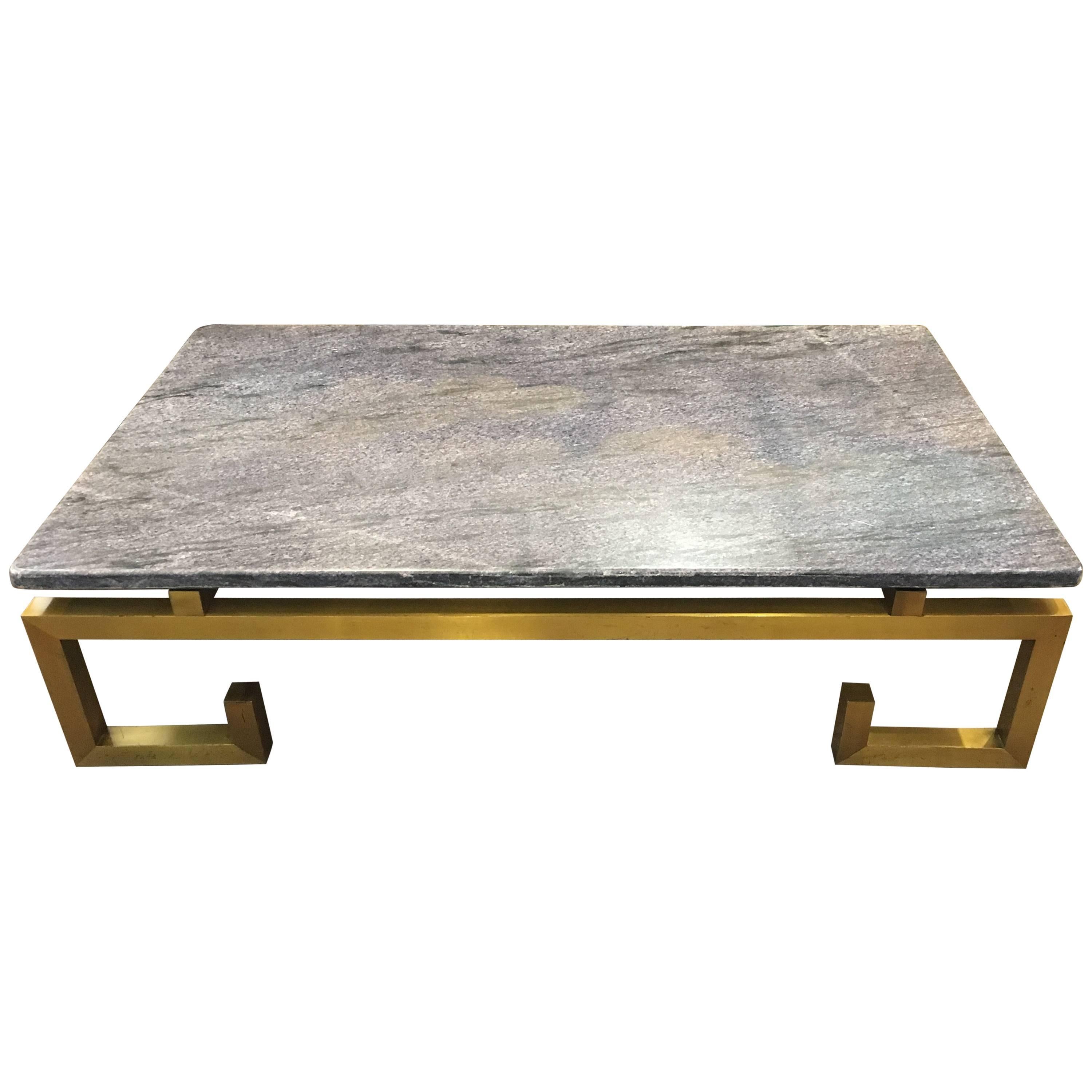 1970s French Brass and Blue Gray Marble Coffee Table