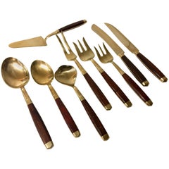 Vintage Danish Modern Rosewood and Brass Serving Set of Nine Pieces