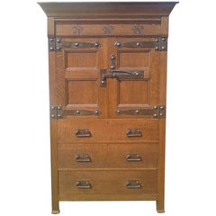 Antique Arts & Crafts Oak Linen Press by Liberty and Co with Fleur De Lys carved details