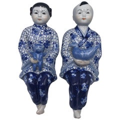 1980s Asian Blue and White Sitting Children Sculptures, Pair 12
