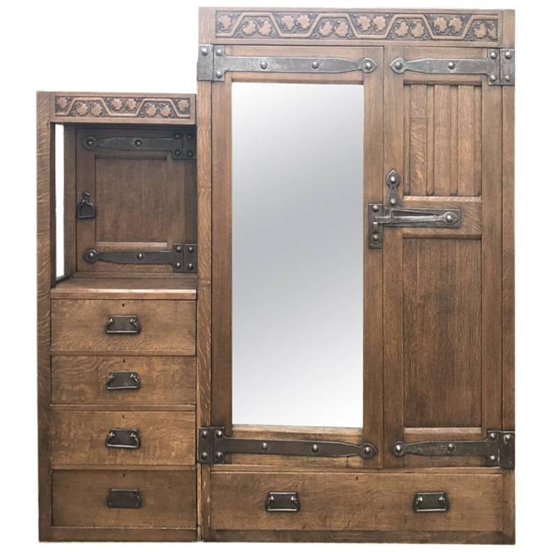 Arts & Crafts Oak Treble Wardrobe with Five Drawers by Liberty & Co.