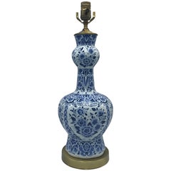 19th Century Delft Vase Lamp with a Blue and White Floral Motif on Brass Base