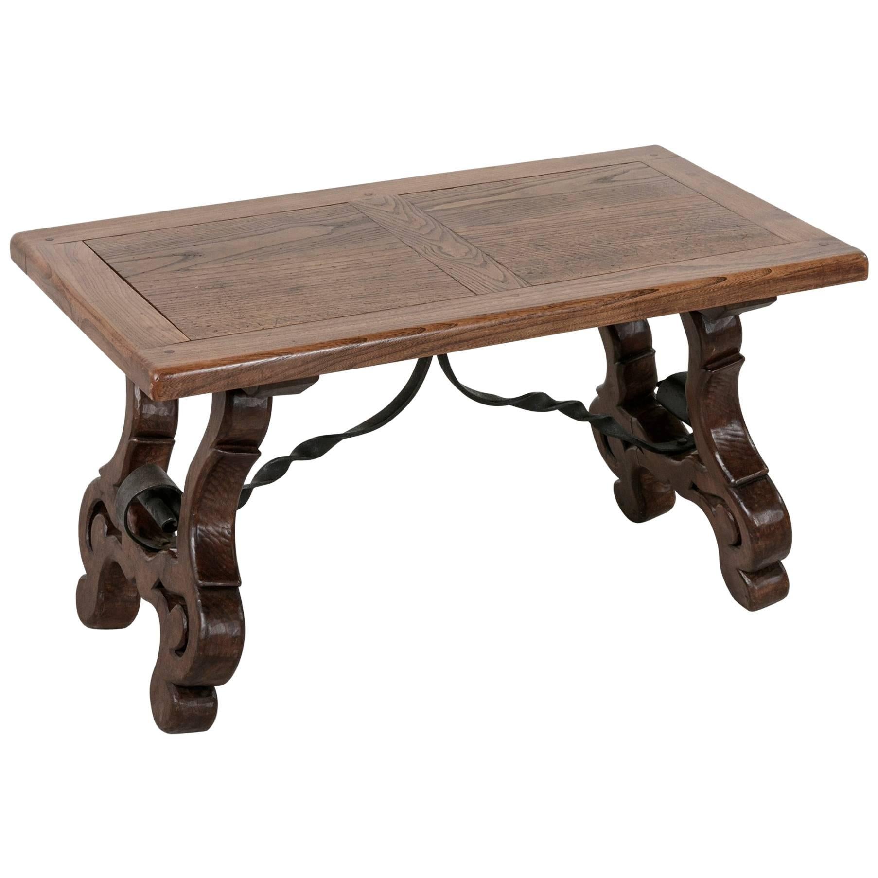 Early 20th Century Spanish Style Oak Coffee Table or Bench with Iron Stretcher