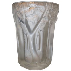 Frosted Molded Glass Vase with Forest Scene in Relief