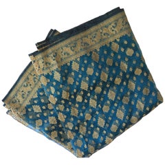 Vintage Ceremonial Anglo Raj Silk Sari in Blue and Gold Embroidery