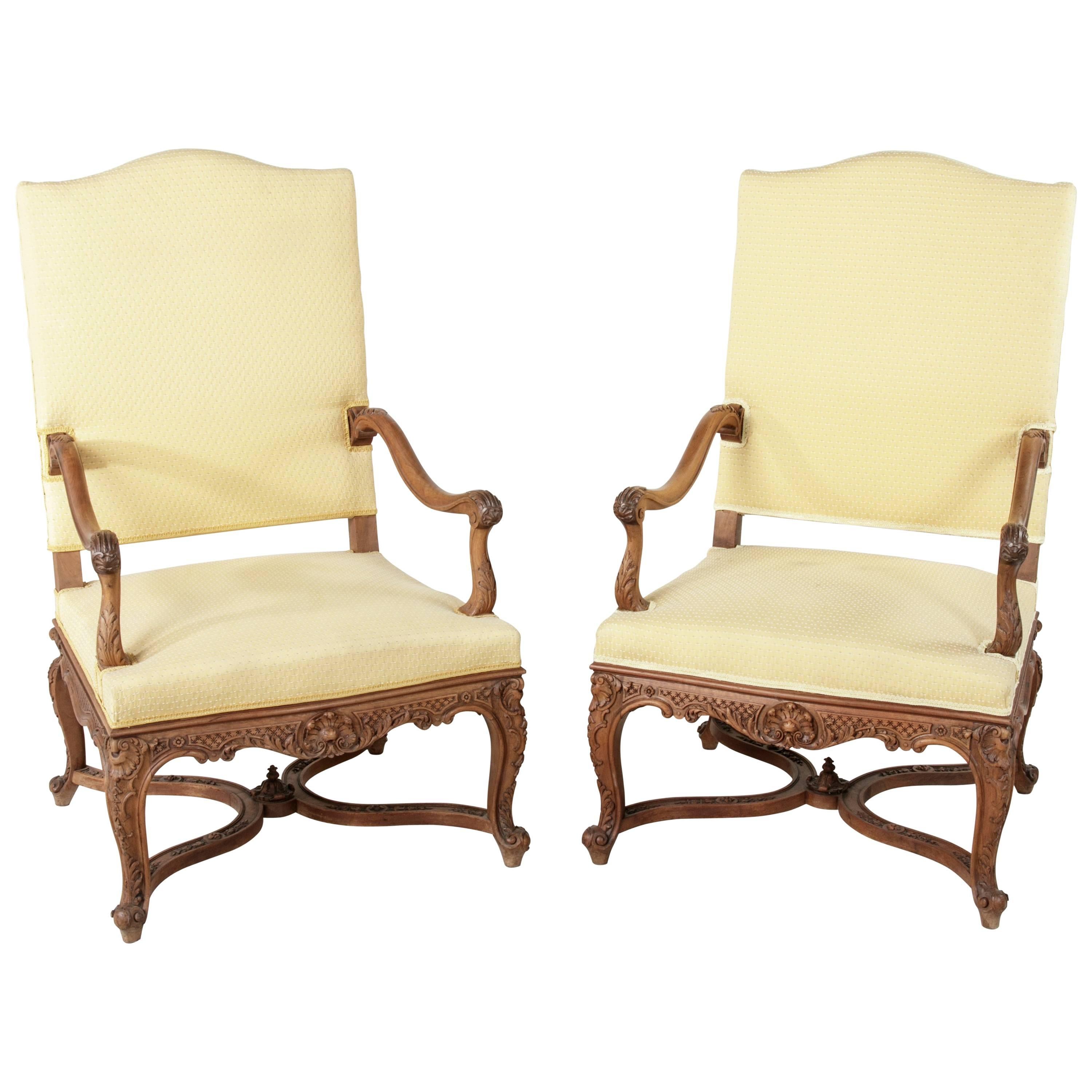 Pair of Late 19th Century Large-Scale French Regency Style Hand-Carved Armchairs