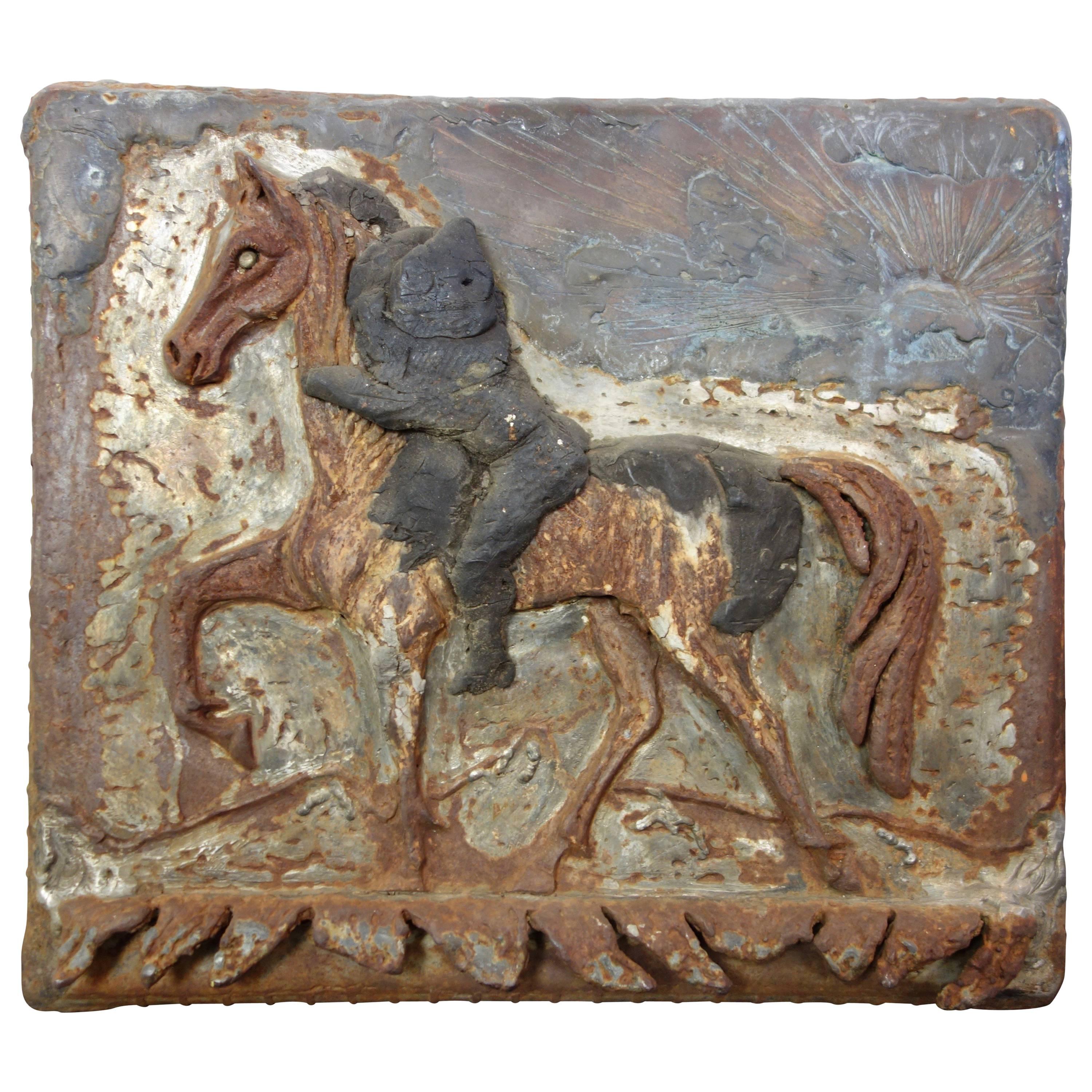 Cast Iron and Copper Plaque of a Horse and Rider from Texas For Sale