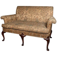 Antique Queen Anne Hunt Scene Carved Mahogany Upholstered Settee, 19th Century