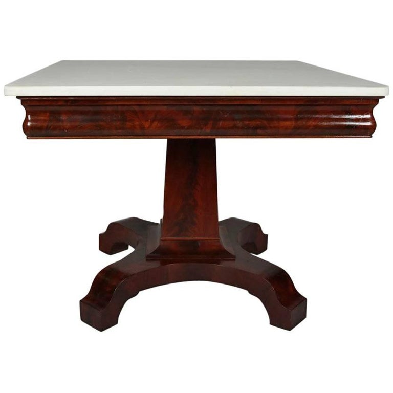 Antique American Empire Flame Mahogany MarbleTop Center Table, 19th