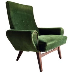 Danish Armchair Green Velour Teak Mid-Century Vintage, circa 1950s Danish Armchair Green Velour Teak Mid-Century Vintage, circa 1950s
