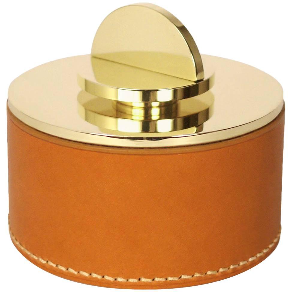 Contemporary Round Italian Leather & Swedish Brass Modern Minimalist Artisan Box For Sale