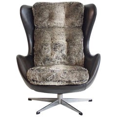 Danish Swivel Armchair Upholstered with Black Leather and Faux Fur 10