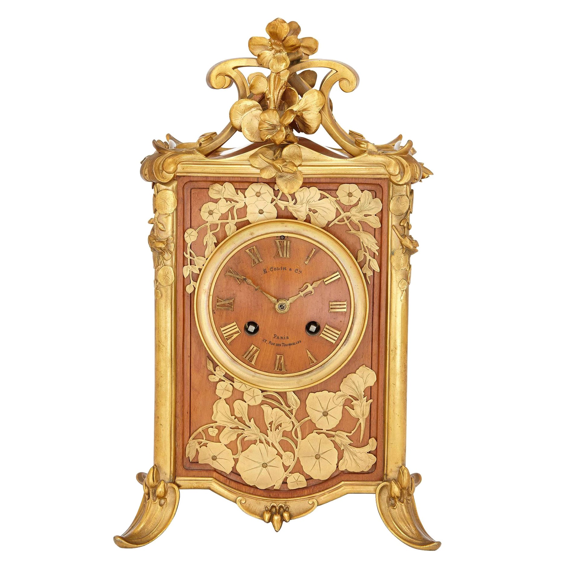 Art Nouveau Period Gilt Bronze Mounted Wooden Mantel Clock by Colin & Cie For Sale