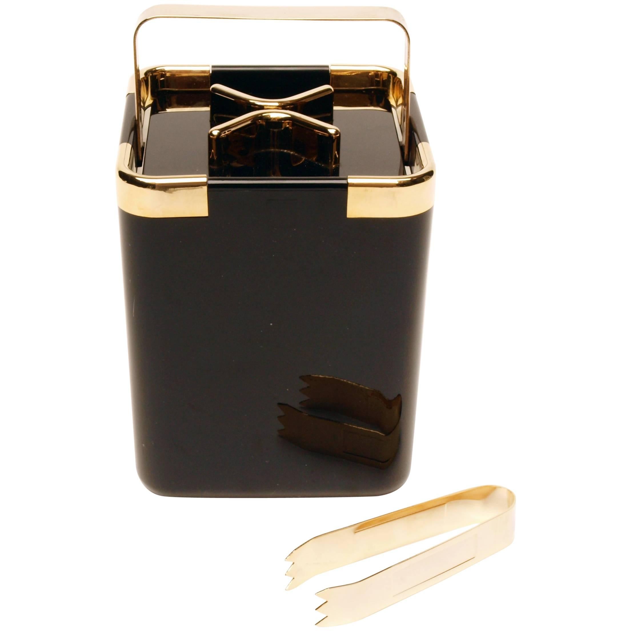 Turnwald Collection Black and Gold Early 1980s, Ice Bucket with Tongs