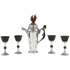Antique Art Deco Solid Silver & Jade Cocktail Set, William Comyns, circa 1929