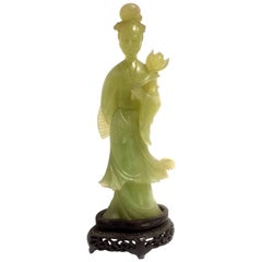 Early 20th Century Hand Carved Figure of a Woman Holding a Lotus Flower