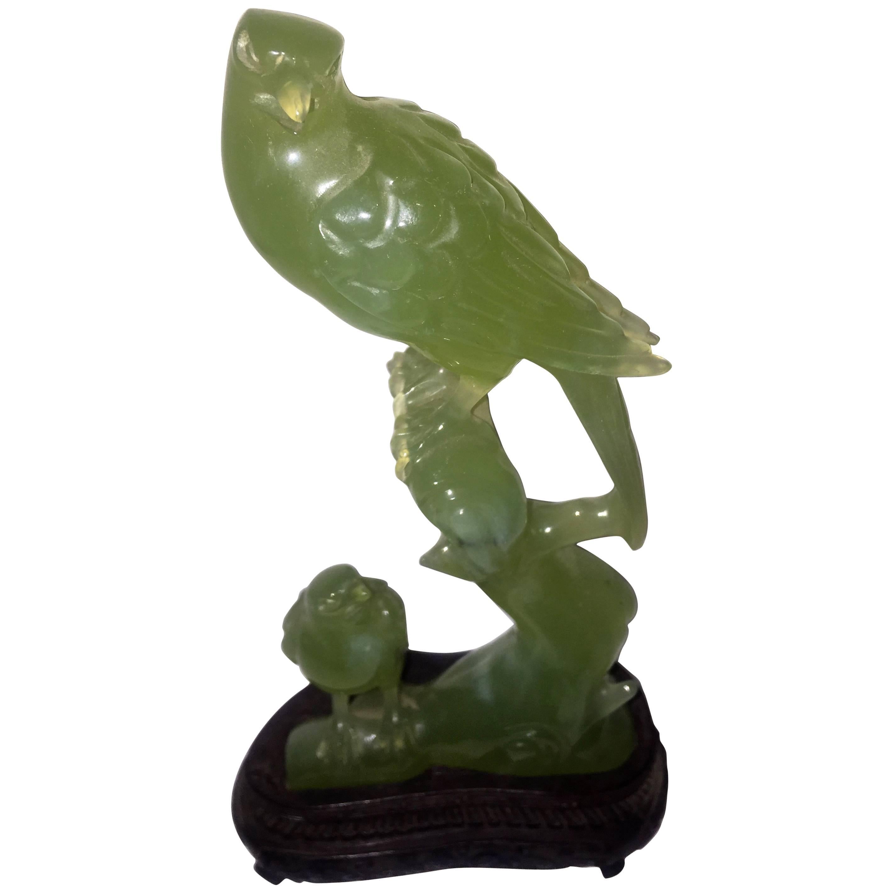 Early 20th Century Carved Serpentine Group of Two Birds Perched on Branches For Sale