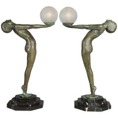 Pair of Large Art Deco Figural 'Clarté' Lamps by Max Le Verrier 5