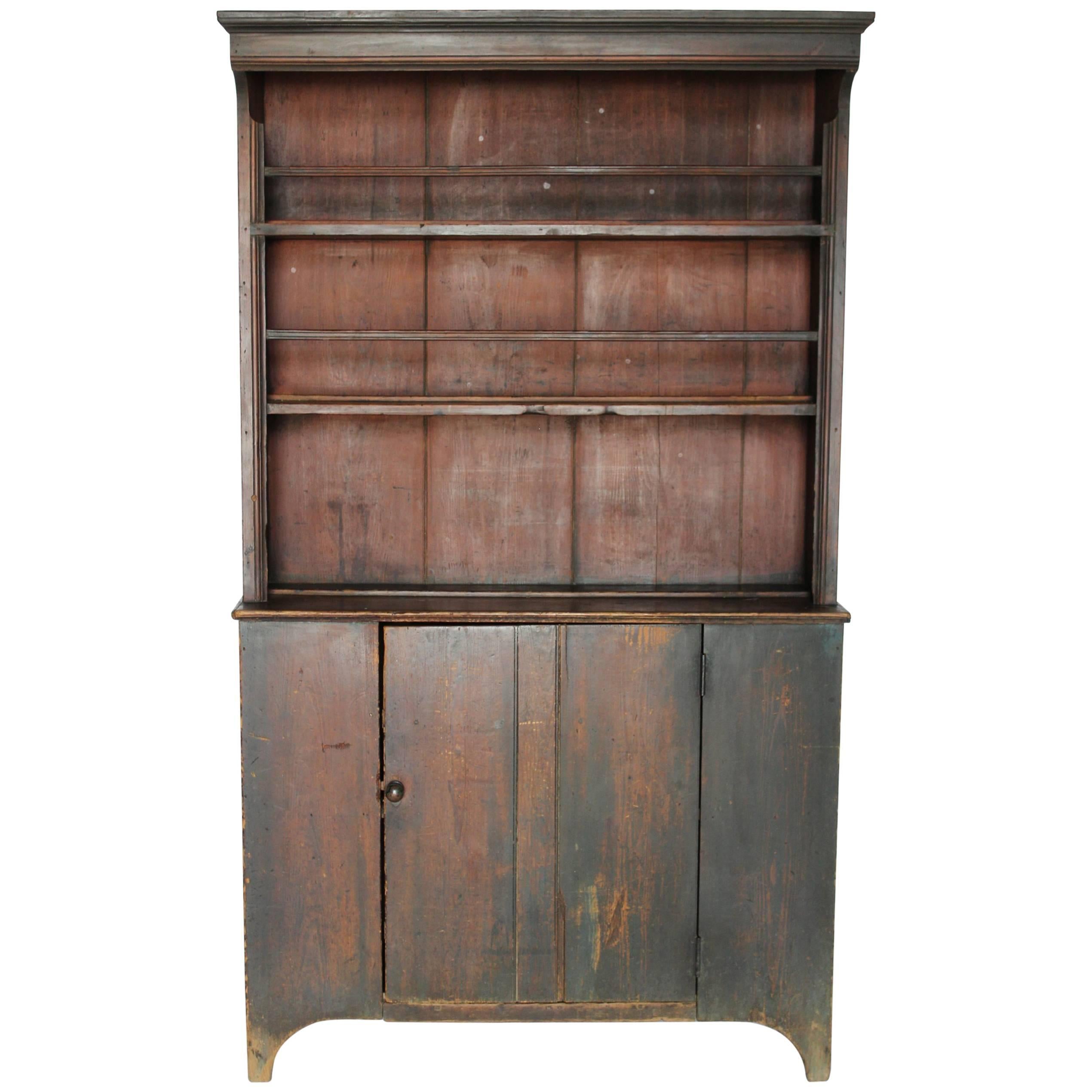 Painted Pine Step-Back Cupboard with Hooded Top For Sale