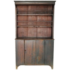 Antique Painted Pine Step-Back Cupboard with Hooded Top