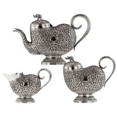 Antique 19th Century Indian Cutch Solid Silver Three-Piece Tea Set, circa 1880