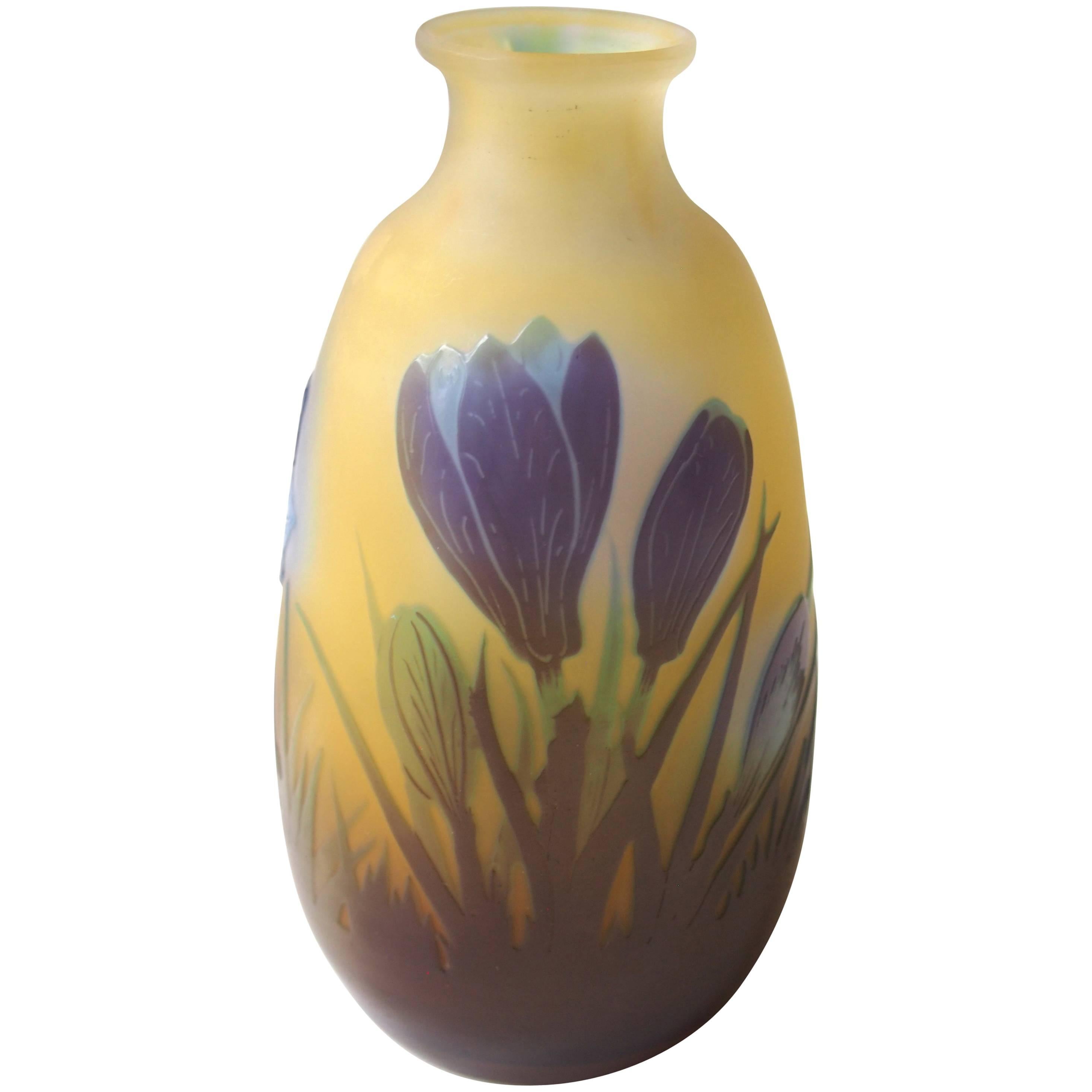 French Emile Galle Art Nouveau Cameo Glass Crocus Vase 1900 For Sale