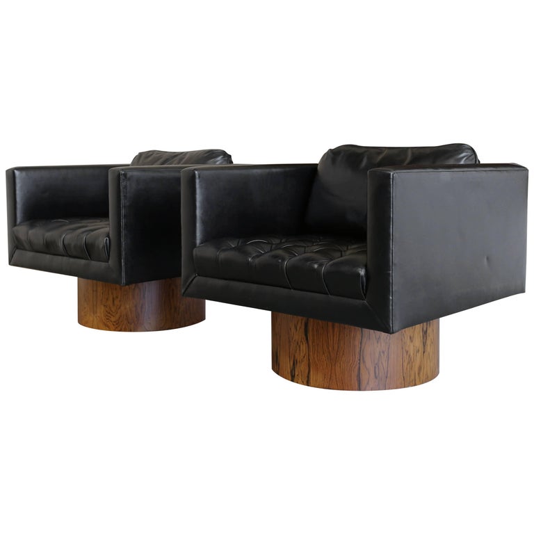 Black Leather and Rosewood Swivel Lounge Chairs by Harvey Probber at