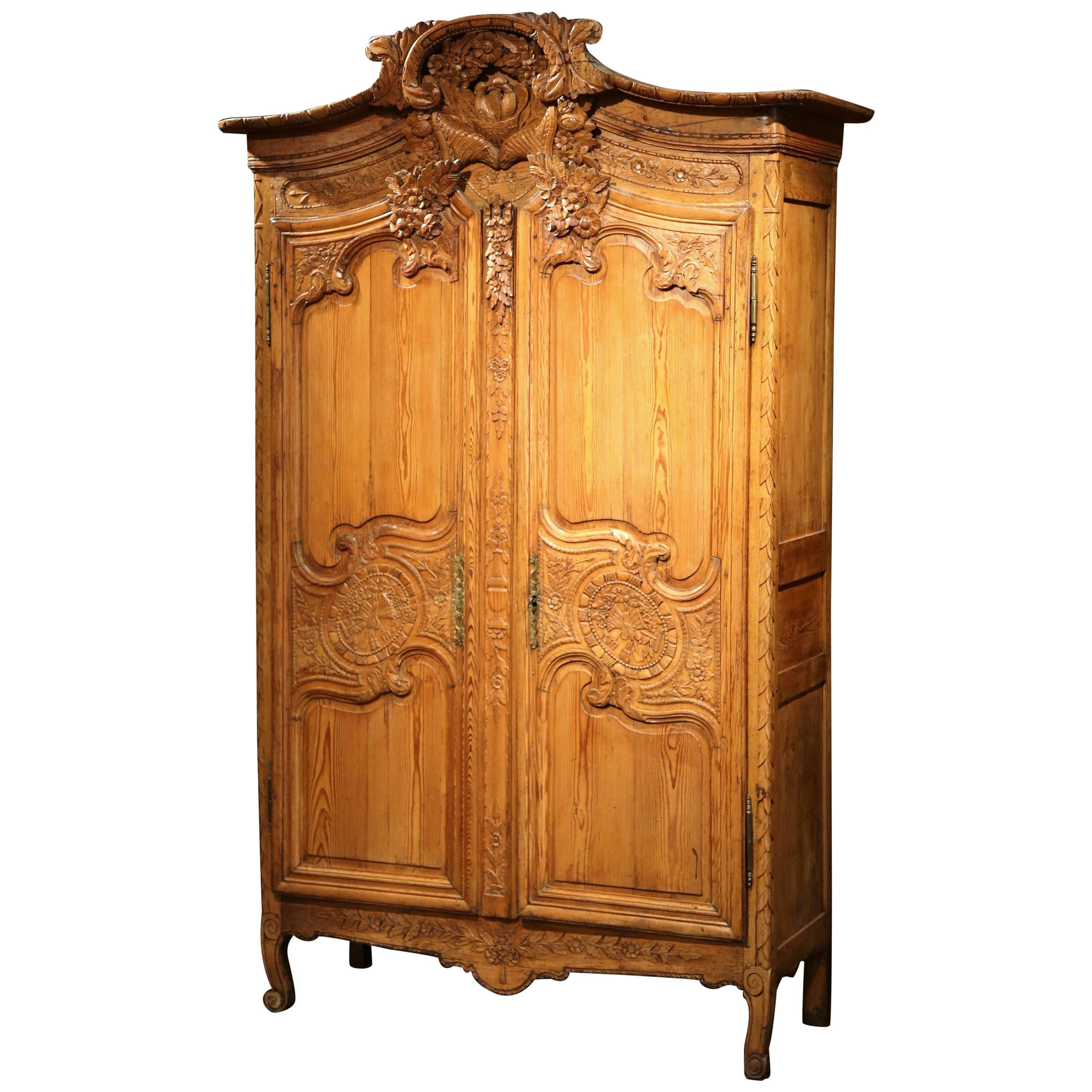 Mid-18th Century French Louis XV Carved Pine Wedding Armoire from Normandy