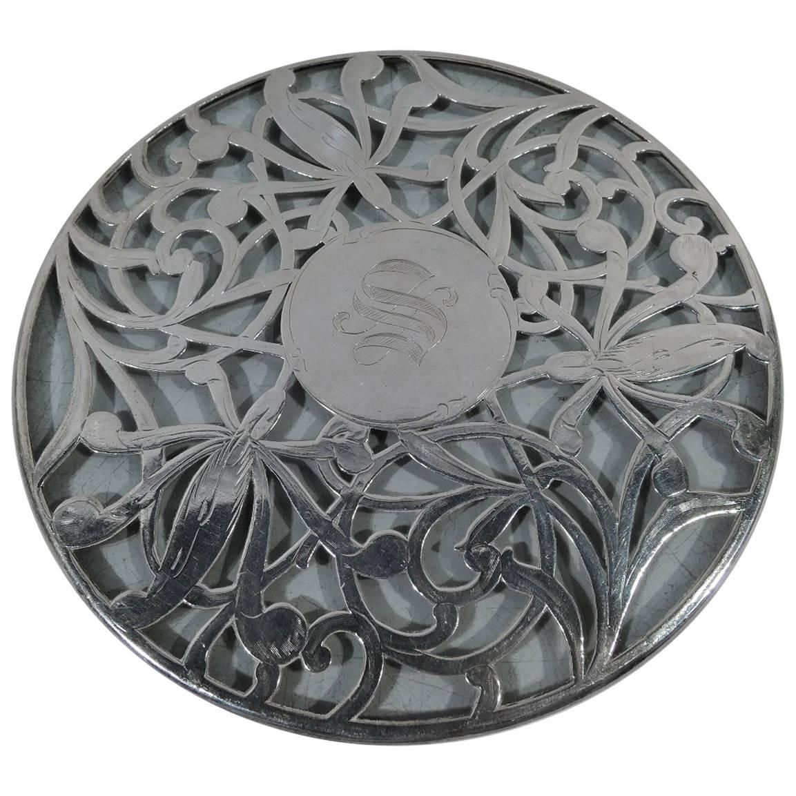 American Art Nouveau Trivet with Abstract Floral Silver Overlay