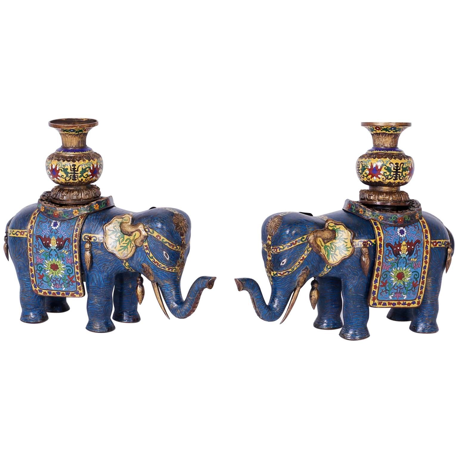 Pair of Vintage Cloisonné Elephant Sculptures or Planters