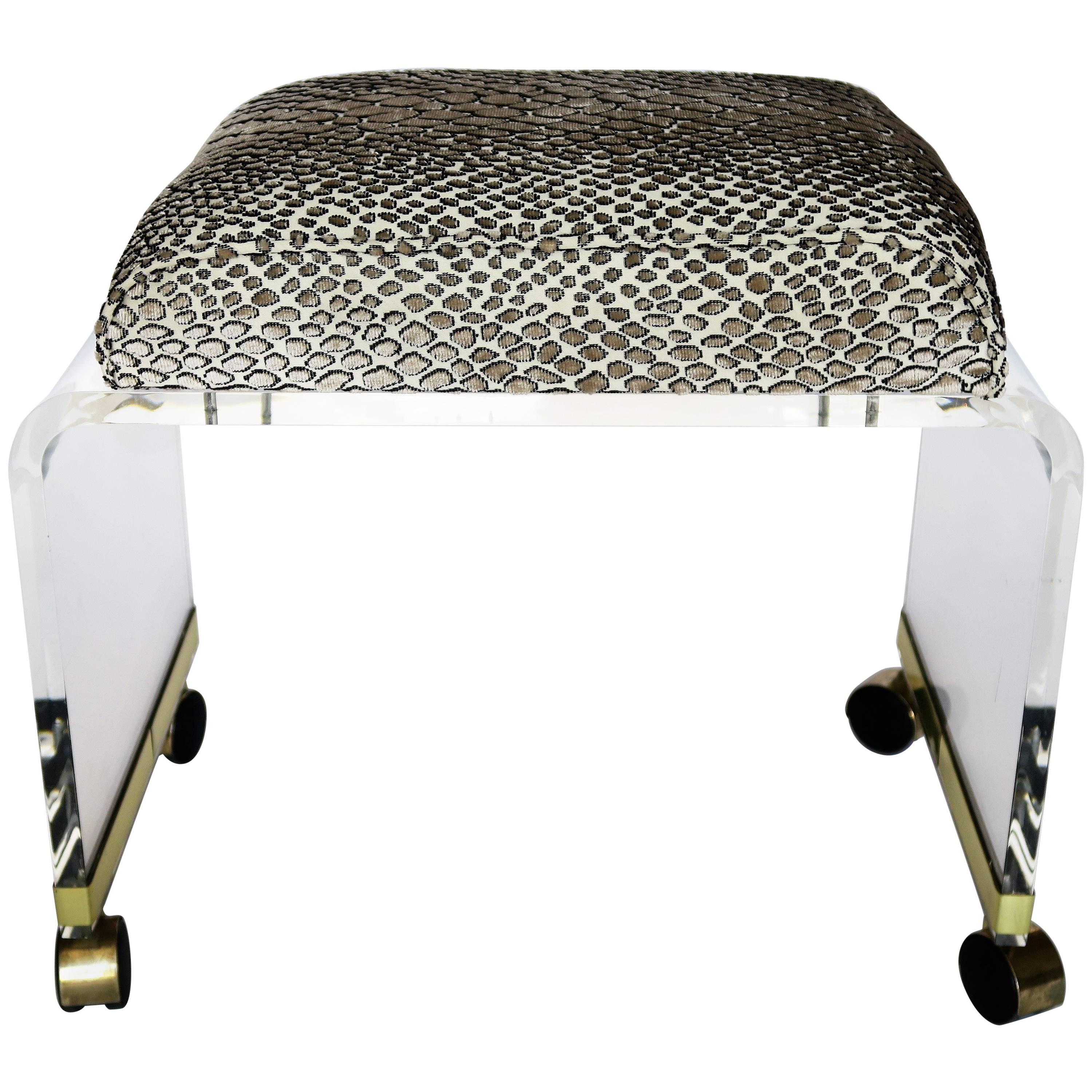 Mid-Century Modern Lucite Stool with Snake Skin Velvet and Brass Casters