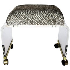 Mid-Century Modern Lucite Stool with Snake Skin Velvet and Brass Casters 7