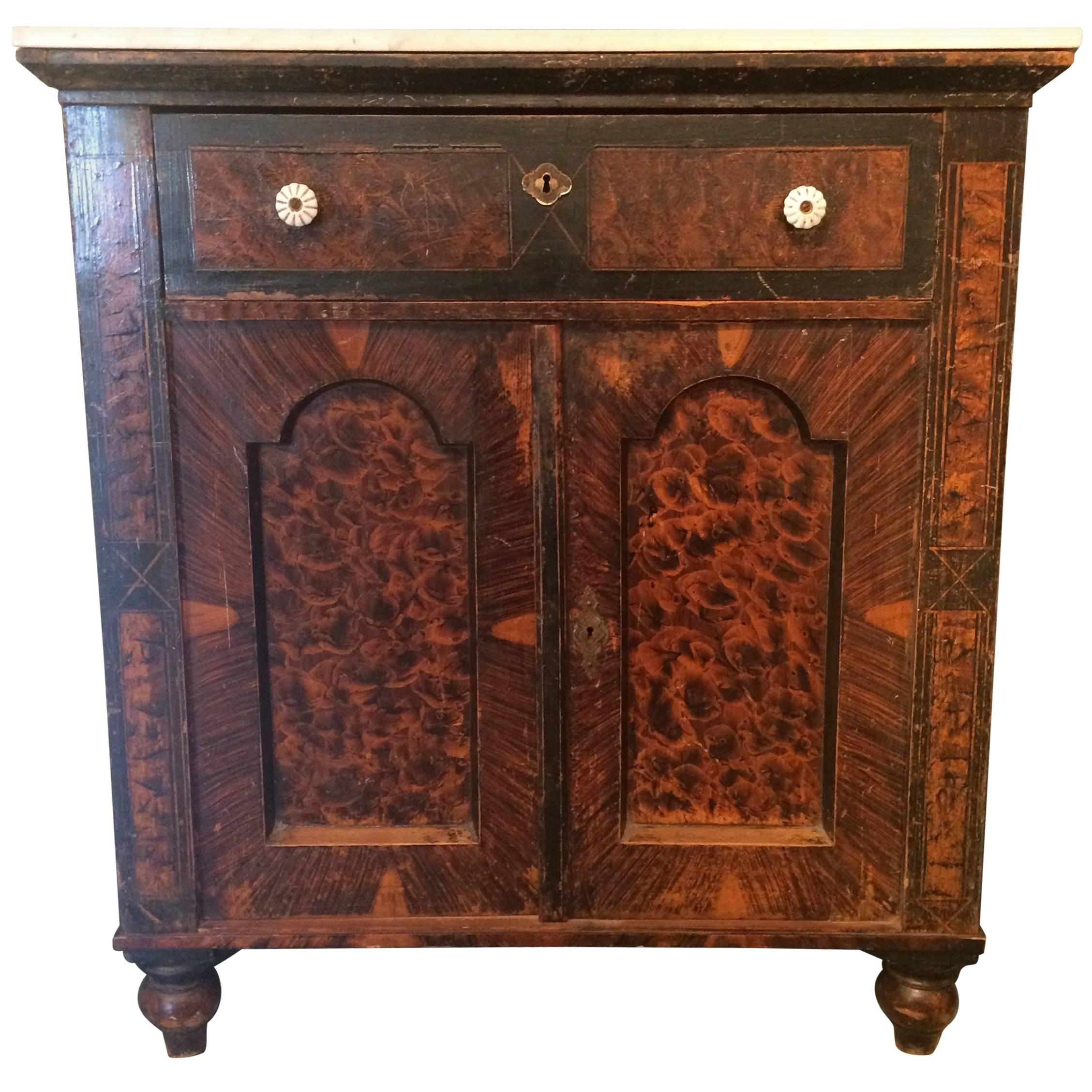 Wonderful Antique English Hall Grain Painted Cabinet with Marble Top