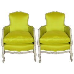 Antique Pair of 19th Century Louis XV French Bergeres Chairs in Chartreuse Silk Fabric