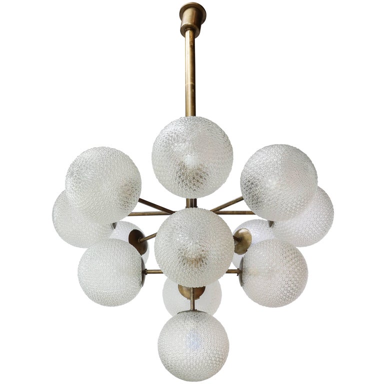 Large Brass Chandelier with Pebbled Glass Balls at 1stDibs