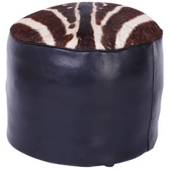 Midcentury Zebra Hide and Leather Foot Stool or Hassock