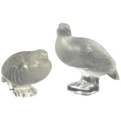 Pair of Lalique France Frosted Partridge Quail Bird Figurines