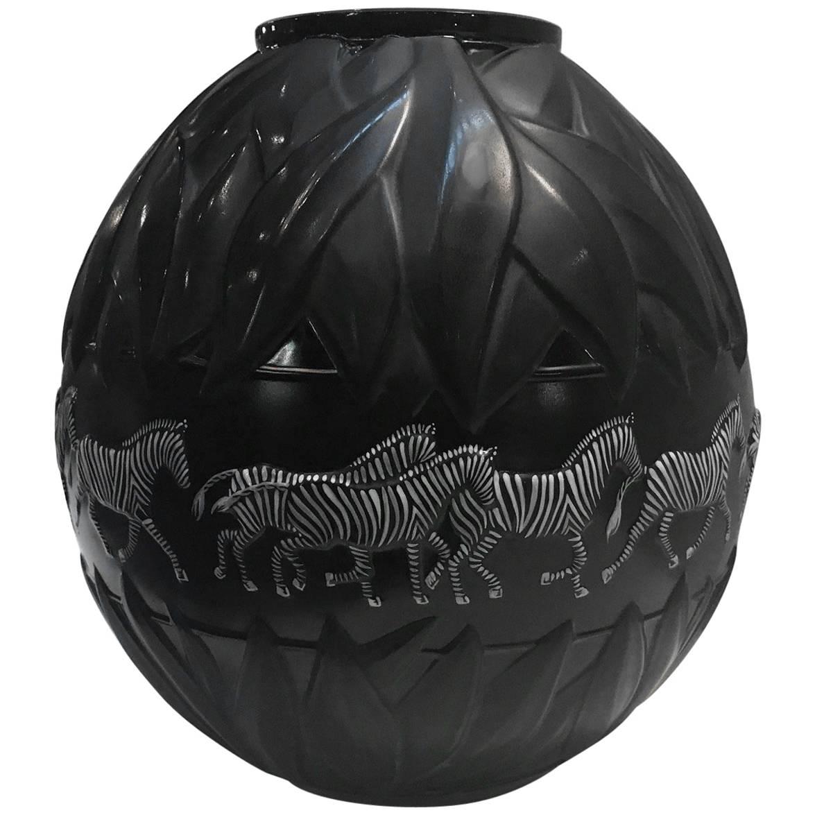 Lalique Black and White Enameled Zebra Tanzania Vase