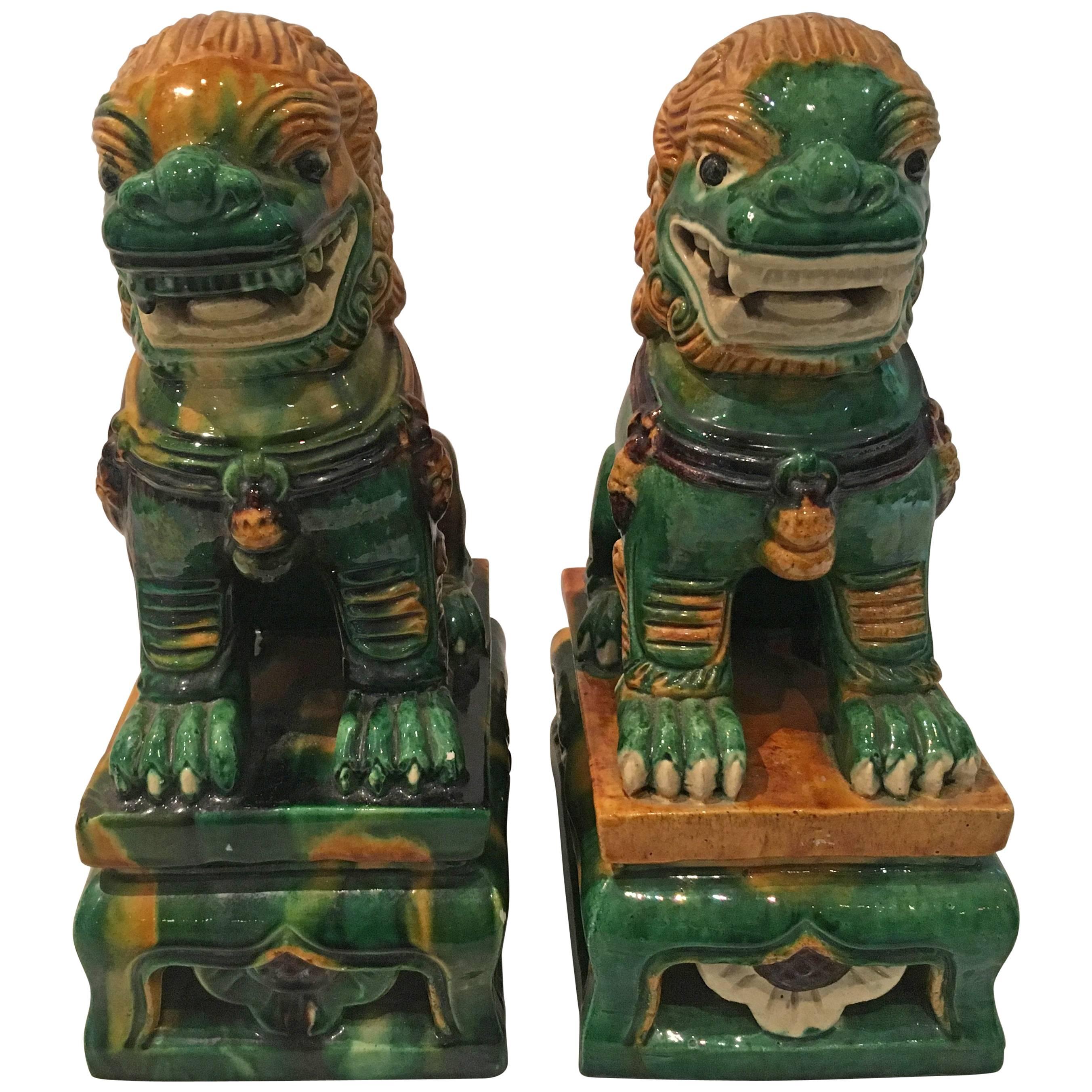 Pair of Colorful Porcelain Chinese Foo Dogs