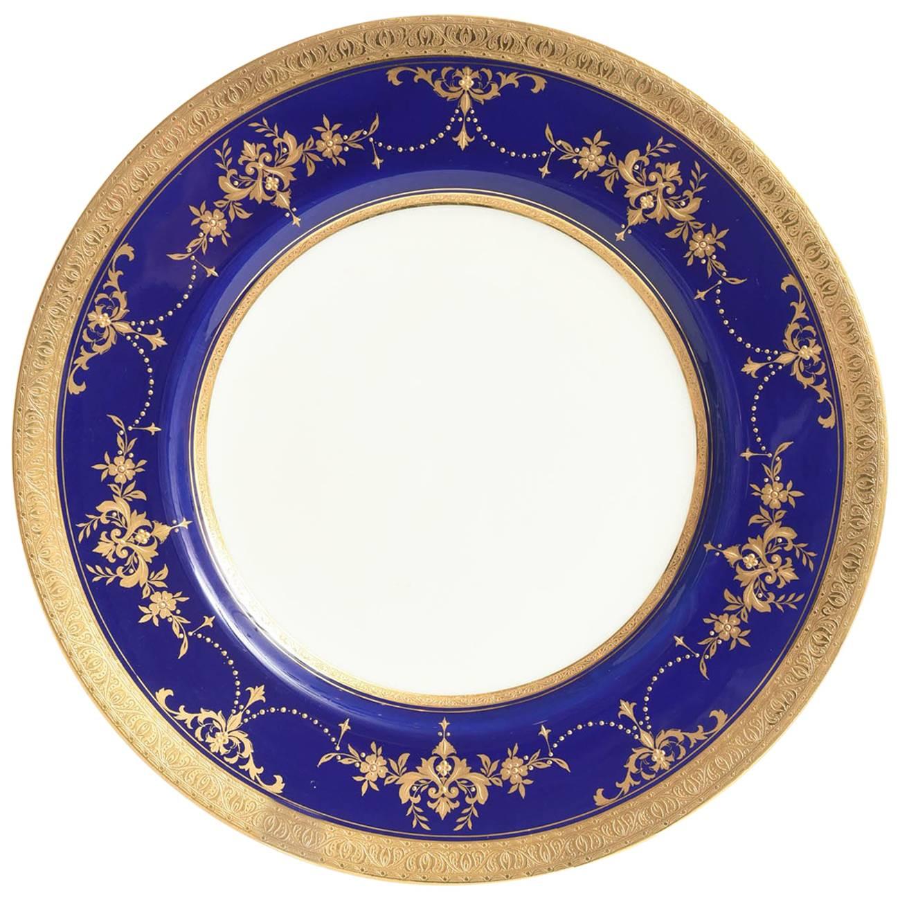 SevenCobalt Blue & Elaborate Raised Gilt Bead Swag Dinner or Presentation Plates